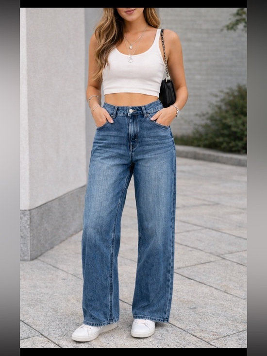 HDLTE Denim - HDLTE Wide Leg Blue Jeans NWT Size L High Rise Straight Denim